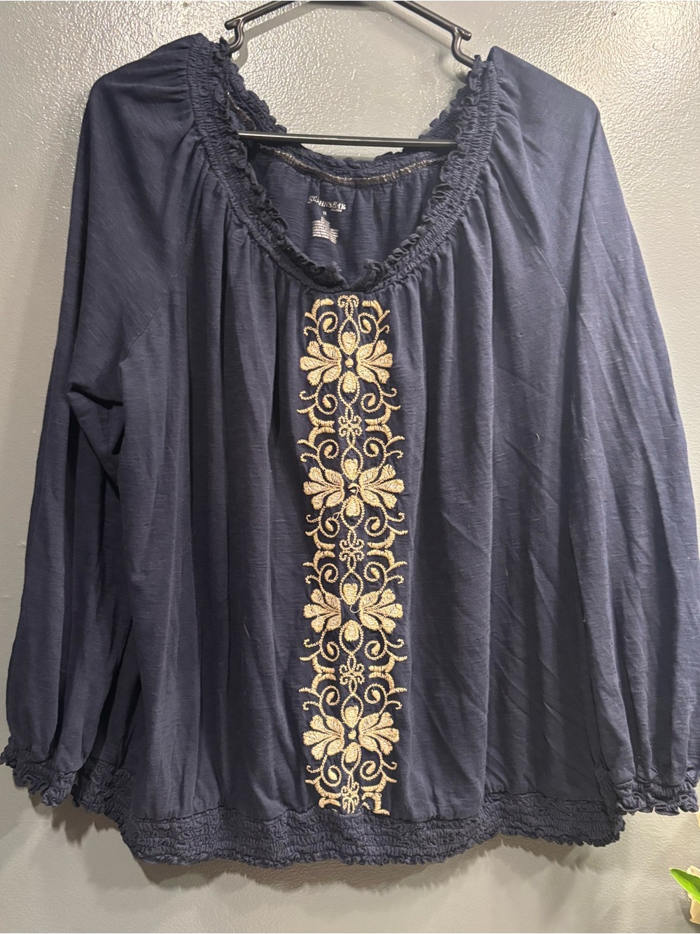 St. John's Bay Navy Blue Long-Sleeve Cream Floral Embroidery Business Casual